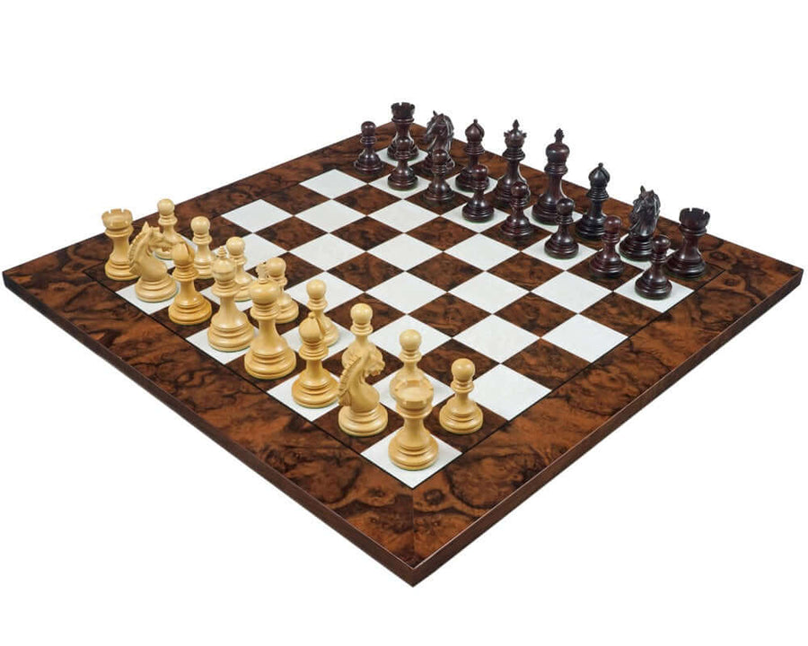 The Luxury Staunton Garvi Rosewood and Walnut Grand Chess Set with rosewood chessmen on a high gloss inlaid Italian board