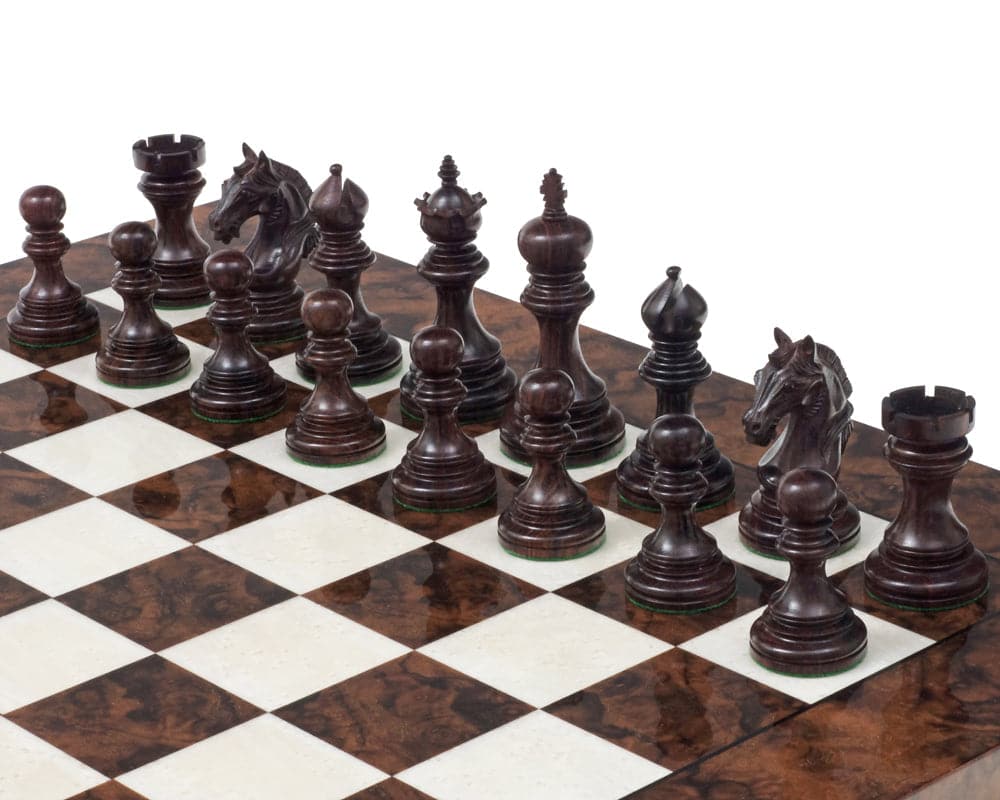 The Luxury Staunton Garvi Rosewood and Walnut Grand Chess Set with weighted and felted chessmen on inlaid Italian board.