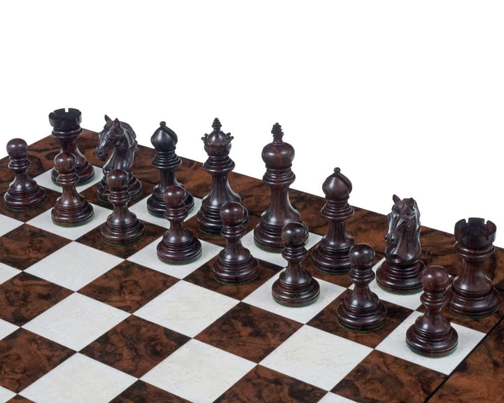 Luxury Staunton Garvi Rosewood and Walnut Grand Chess Set with weighted and felted chessmen on 23.6-inch high gloss inlaid Italian board