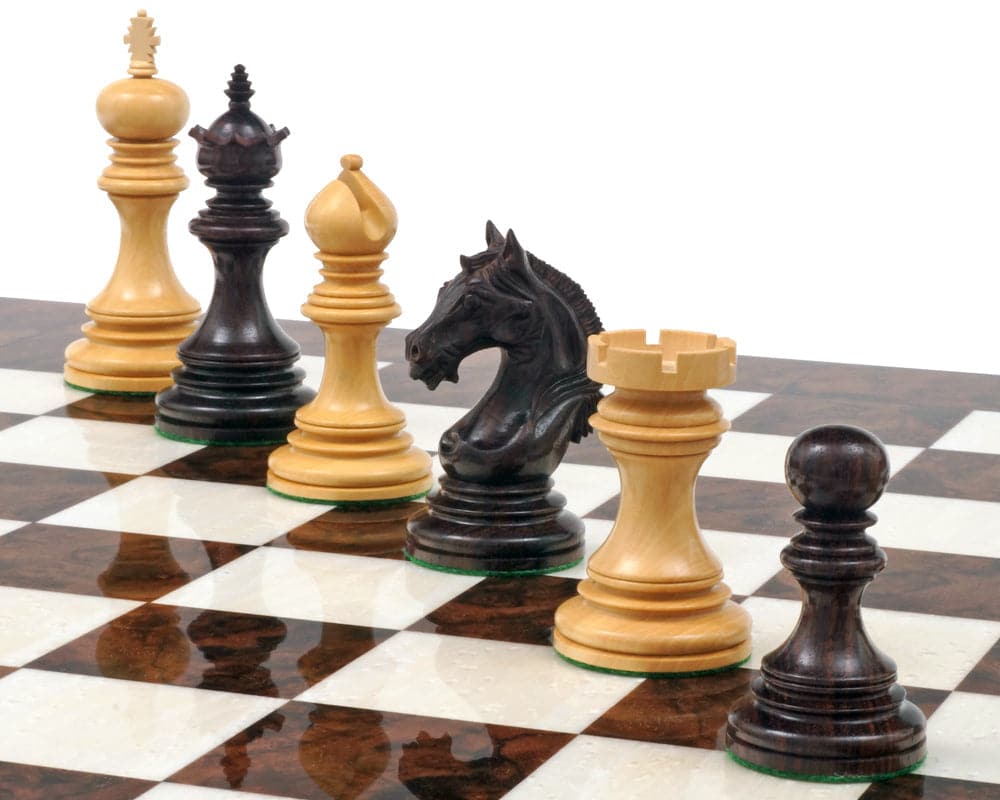 Luxury Staunton Garvi Rosewood and Walnut Grand Chess Set pieces on a high gloss inlaid Italian chessboard