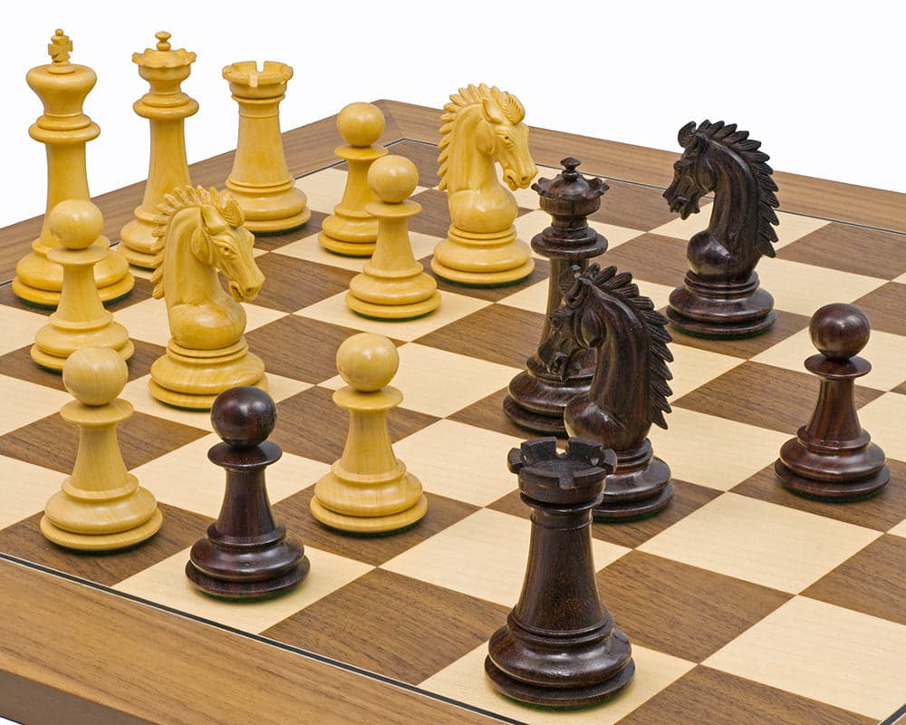 The Sheffield Knight Rosewood and Walnut Chess Set featuring intricately carved pieces and a deluxe walnut board with a 3.75-inch king height.