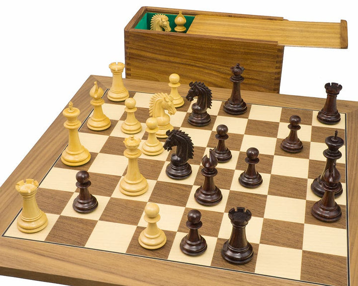 Sheffield Knight Rosewood and Walnut Chess Set featuring intricately carved pieces on a deluxe board, enhanced with solid rosewood chessmen.