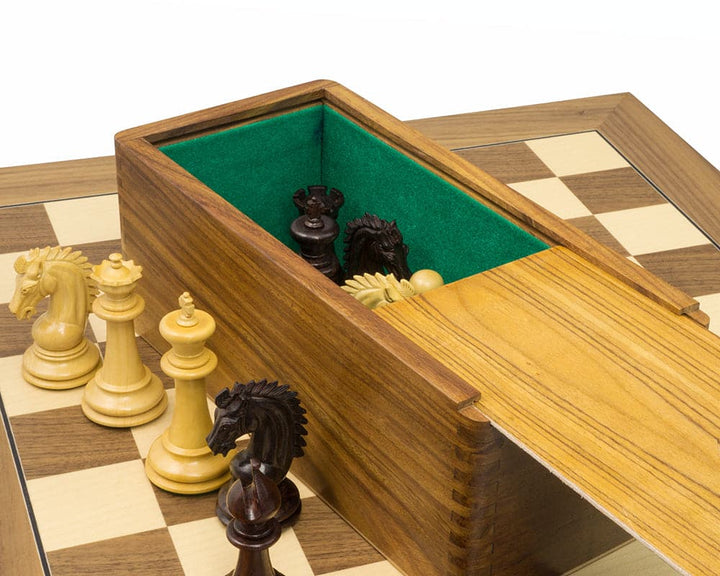 Sheffield Knight Rosewood & Walnut Chess Set with rosewood chess pieces and deluxe walnut board in green-felt lined storage box