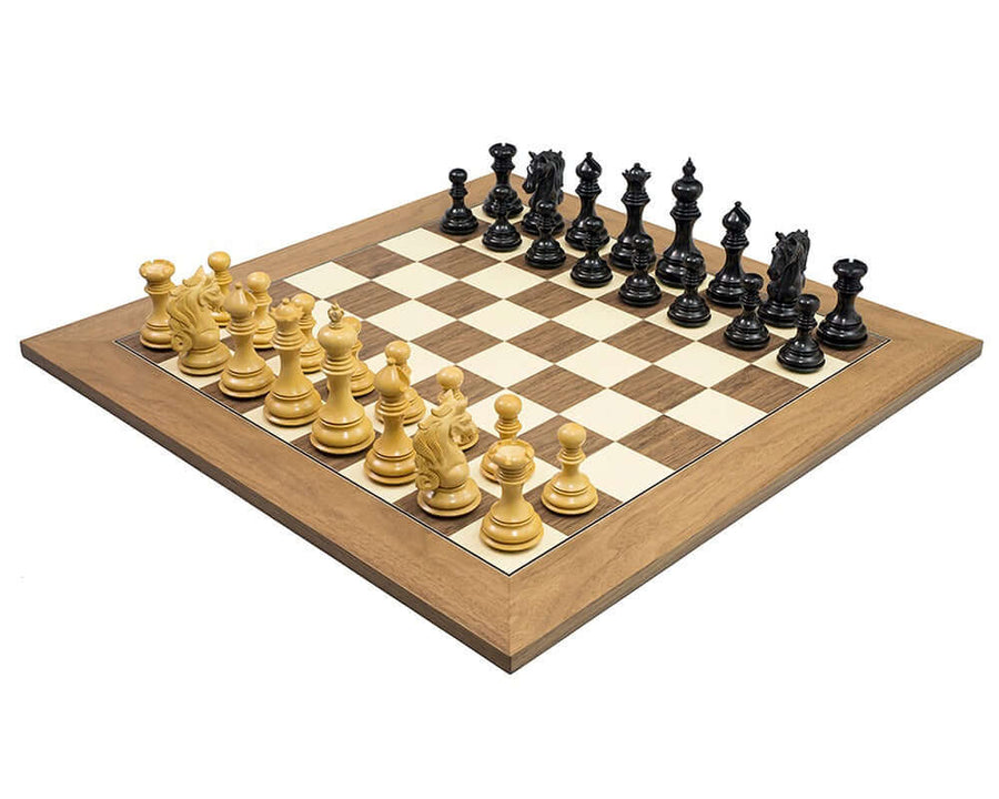 Luxury Cavalry Ebony & Walnut Chess Set with Weighted Felted Pieces on 21.7 inch Walnut and Maple Board