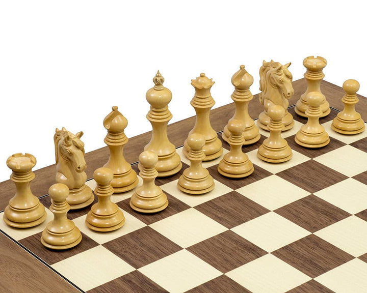 Luxury Cavalry Ebony & Walnut Chess Set with expertly crafted knight pieces on a high-quality walnut and maple board.