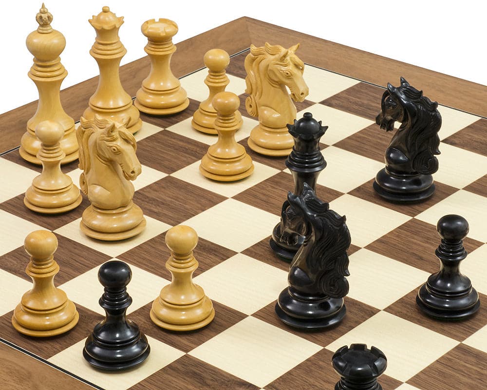 The Cavalry Ebony & Walnut Luxury Chess Set with beautifully crafted knight pieces on superb quality walnut and maple board