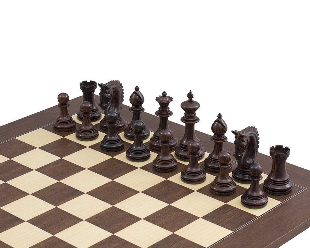 The Lemington Rosewood Palisander Chess Set with handcrafted chessmen on luxury Montgoy Palisander board, highlighting detailed 4.25 inch King and pieces.