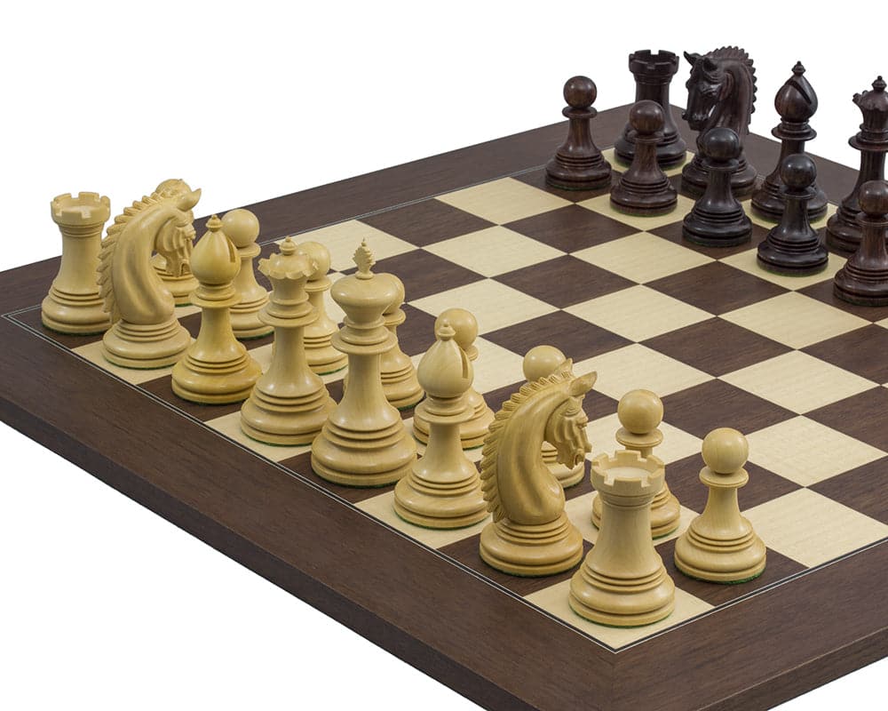 The Lemington Rosewood Palisander Chess Set on Montgoy Palisander board with intricately detailed chess pieces.