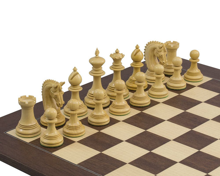 Lemington Rosewood Chess Set on Montgoy Palisander Board with finely detailed handcrafted chessmen positioned for play