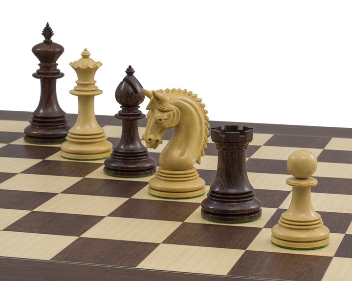 The Lemington Rosewood Palisander Chess Set on luxury Montgoy board, showcasing finely detailed handcrafted chessmen including king, queen, bishop, knight, rook, pawn