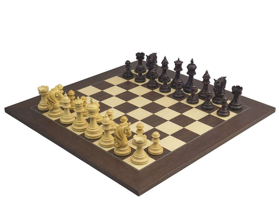 The Kingsgate Rosewood Palisander Chess Set with handcrafted pieces and 21.7 inch luxurious board in starting position.