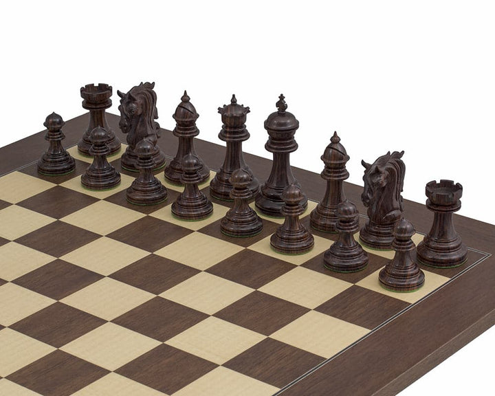 The Kingsgate Rosewood Palisander Chess Set featuring 4.25-inch king and ornate pieces on a 21.7-inch luxurious board.