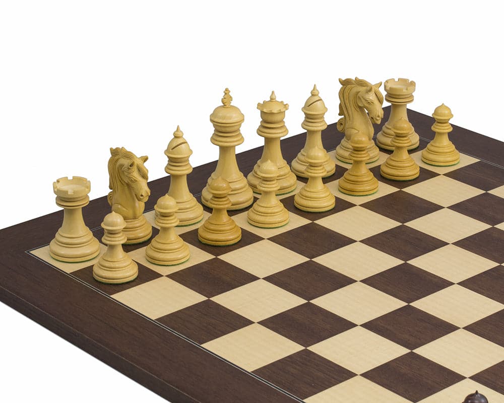 The Kingsgate Rosewood Palisander Chess Set on luxurious Spanish board with intricately designed pieces.