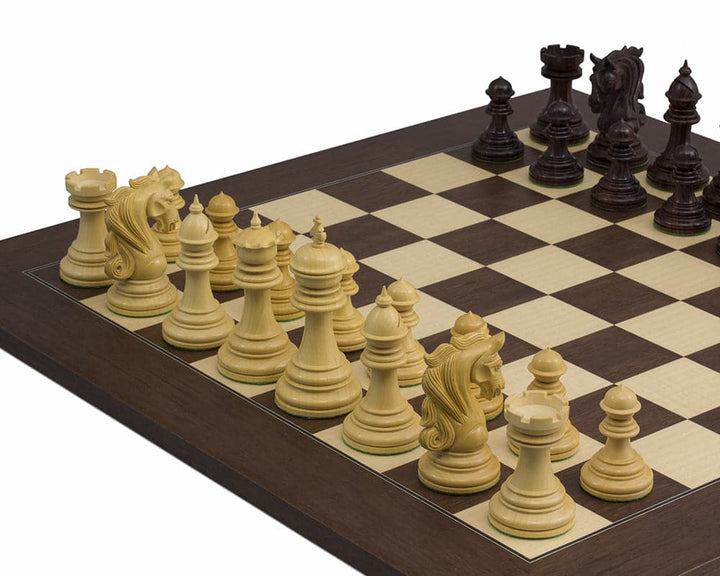 The Kingsgate Rosewood Palisander Chess Set displayed on luxurious 21.7 inch Spanish board with intricately designed chess pieces.