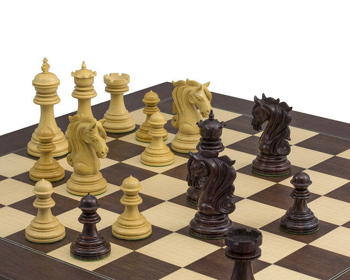 The Kingsgate Rosewood Palisander Chess Set displayed on a 21.7 inch luxurious Spanish board with intricately designed rosewood chess pieces.