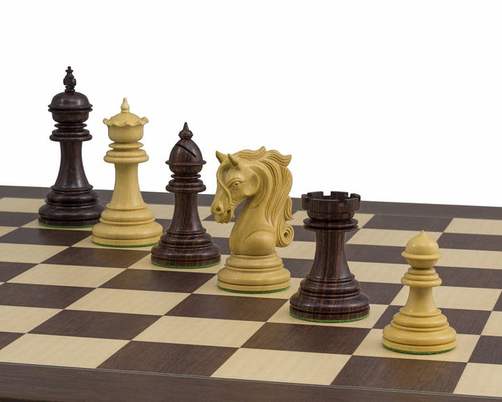 Kingsgate Rosewood Palisander chess pieces on a luxurious Spanish board, showcasing intricately designed handcrafted pieces.