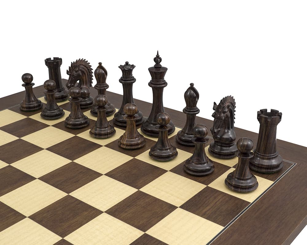 Sheffield Knight Rosewood Palisander Chess Set on 21.7 inch palisander chess board with ornate chessmen, 4.25 inch king, and deep tone rosewood finish