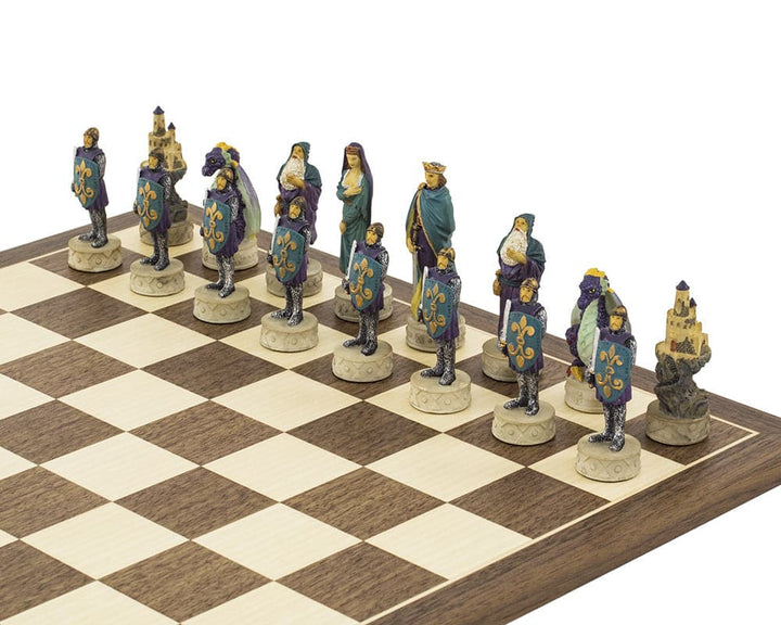 Medieval hand-painted chess set inspired by King Arthur, featuring detailed pieces on a Spanish board, crafted by Italfama in Italy