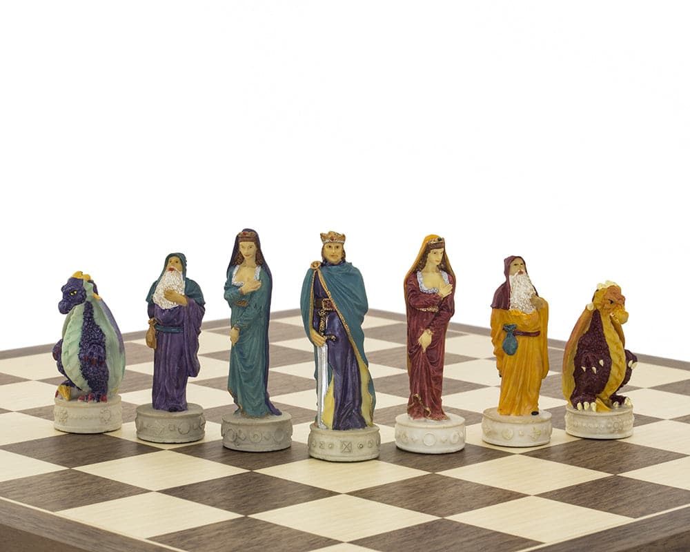 Hand-painted medieval chess pieces on Spanish board featuring characters from King Arthur legends in vibrant colors by Italfama