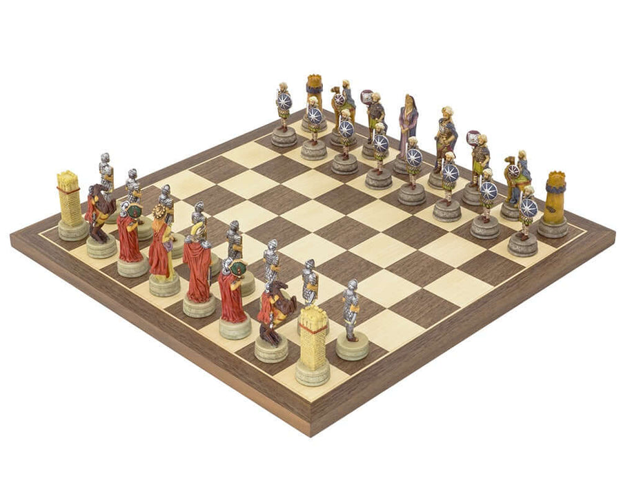 Hand-painted Romans vs Arabs chess set on 15.75-inch Spanish board with detailed historical figures, ornate design, and 3.25-inch king pieces