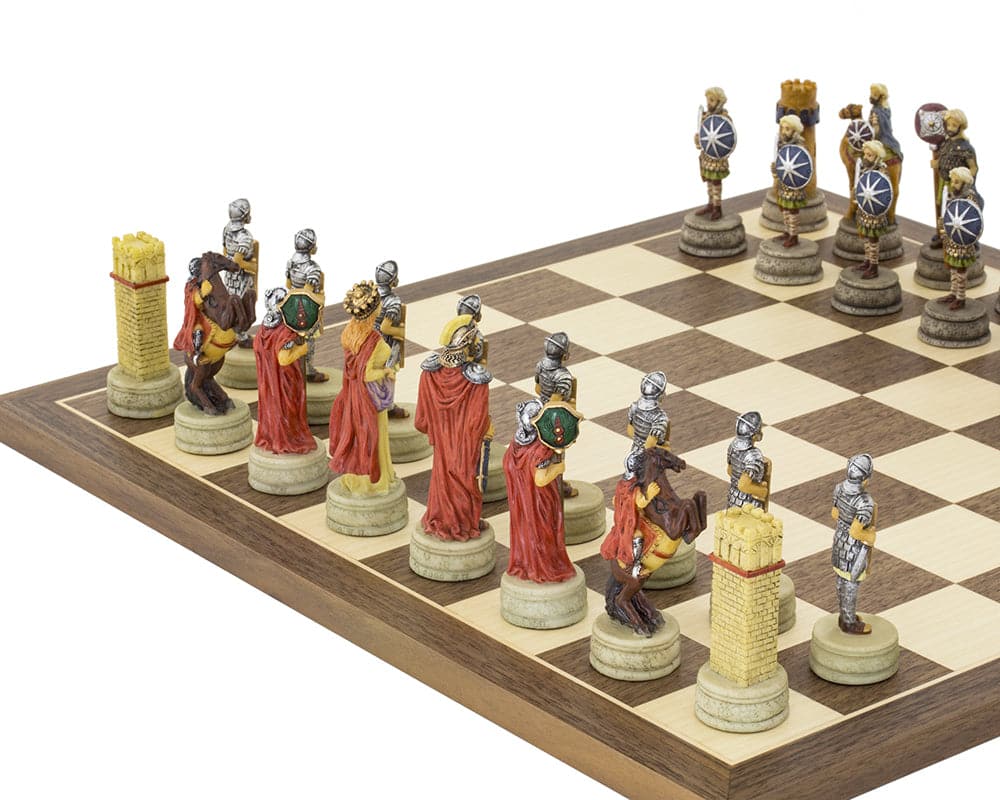 Hand-painted Romans vs Arabs chess set on a 15.75-inch Spanish board with exquisitely crafted pieces depicting historical figures.