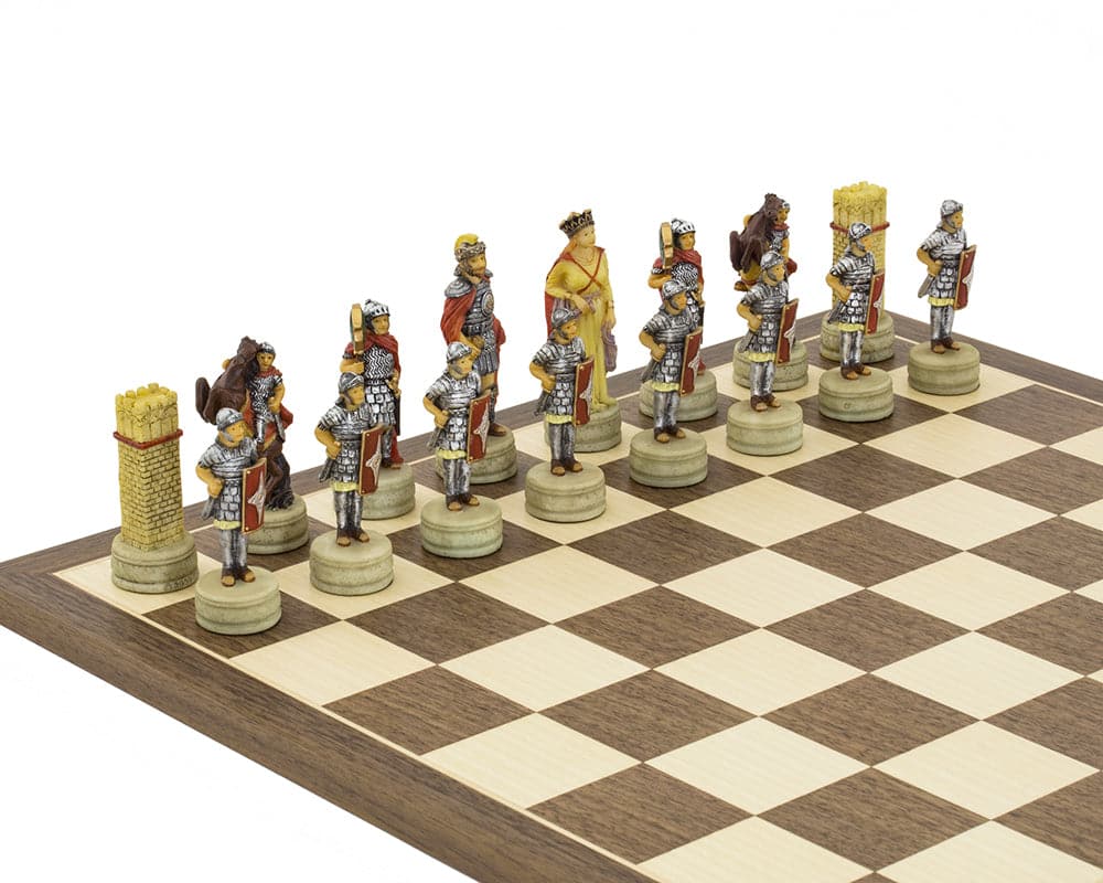 Roman side of the hand-painted Romans vs Arabs Chess Set by Italfama on a 15.75 inch Spanish board.