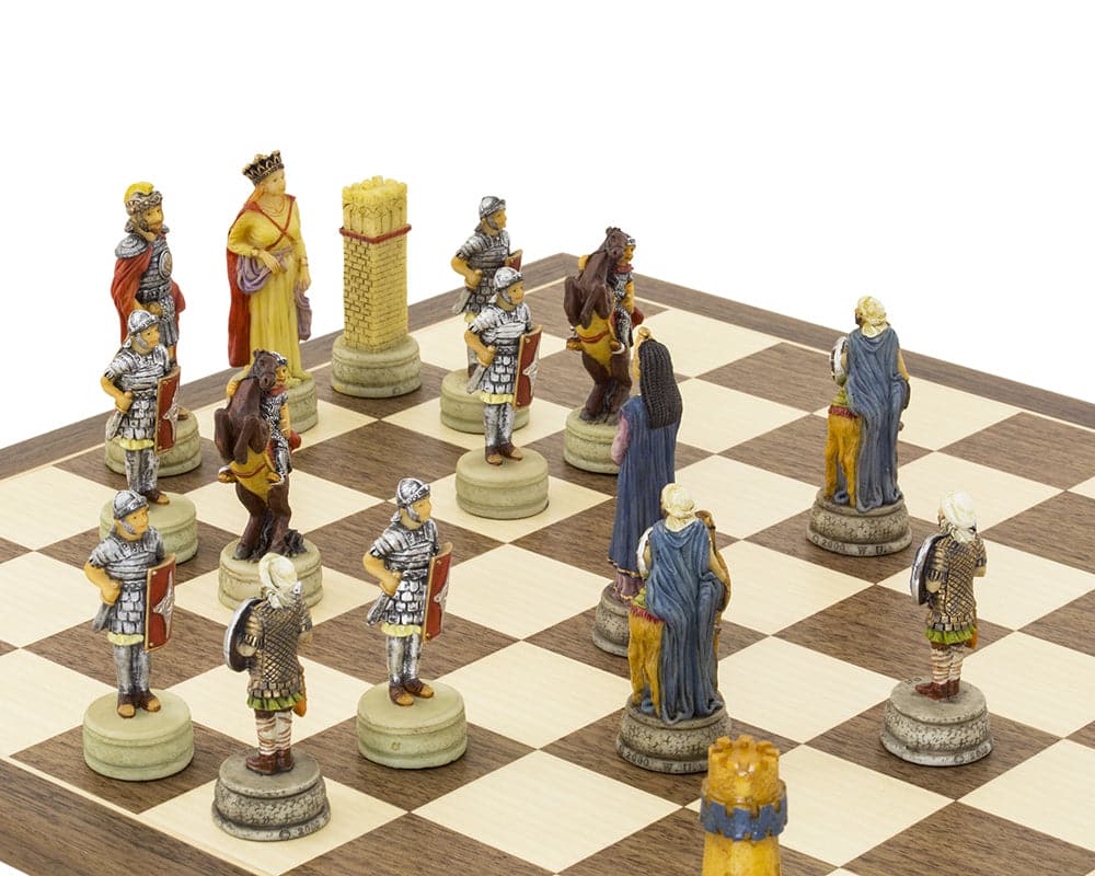 Hand-painted Romans vs Arabs chess set on a 15.75 inch Spanish board featuring ornate historical figures.