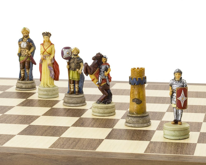 Hand-painted chess pieces depicting Romans vs Arabs on ornate 15.75 inch Spanish board by Italfama.