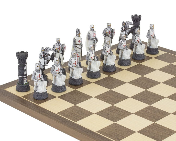 Hand-painted Crusader themed chess set by Italfama, featuring detailed chessmen on a wooden chessboard.