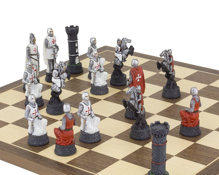 Close-up of The Crusader Hand Painted Chess Set by Italfama featuring detailed, hand-painted chess pieces on a chess board