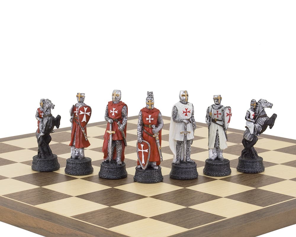 The Crusader Hand Painted Chess Set showcasing intricately detailed chessmen on a wooden board, crafted by Italfama artisans.