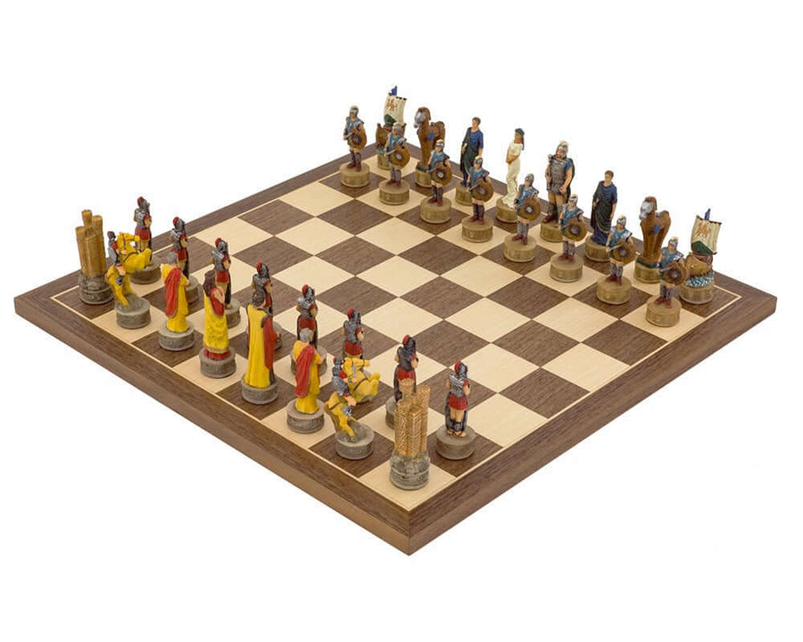 The Battle of Troy hand-painted chess set with detailed mythological figures on a wooden chessboard.