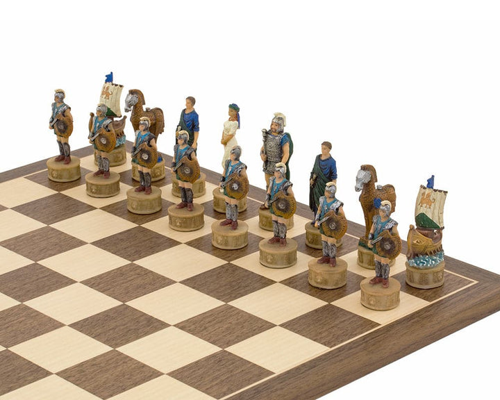 Hand-painted Battle of Troy chess set by Italfama on a chessboard, showcasing detailed and unique mythological pieces.