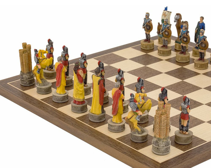 Hand-painted Battle of Troy chess set by Italfama with intricately detailed chess pieces on a wooden board, inspired by the legendary battle.