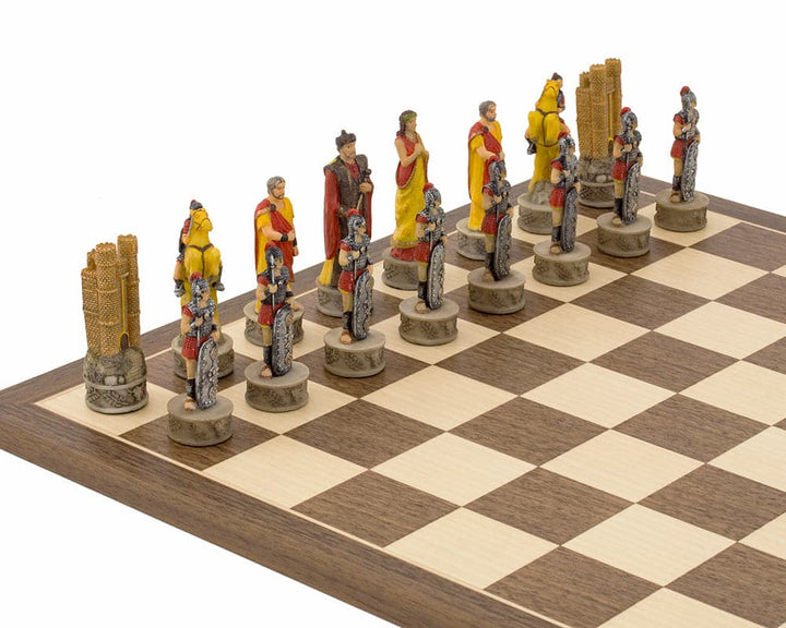 Hand-painted Battle of Troy Chess Set by Italfama, showcasing detailed mythological figures on a checkered chess board.