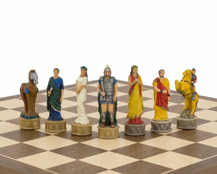 Hand painted Battle of Troy chess pieces on chess board by Italfama, featuring mythological characters and detailed craftsmanship.