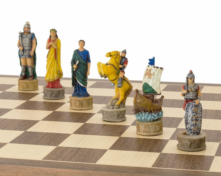 The Battle of Troy Hand Painted Chess Set showcasing detailed chessmen on a chessboard