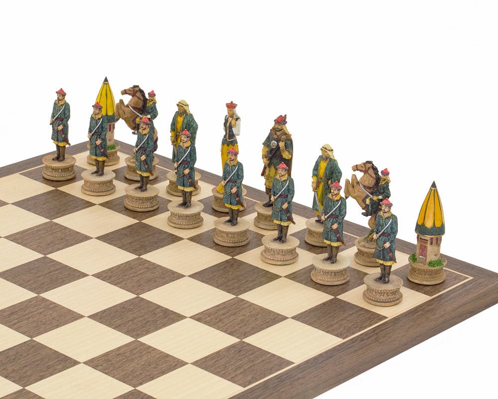 Hand-painted Turkish chess pieces on walnut and maple chessboard from The Hungarians vs Turkish Chess Set