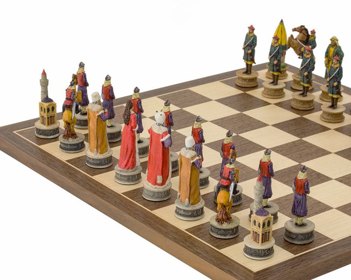 Hand-painted Hungarian vs Turkish chess set with detailed historical pieces on a walnut and maple board.