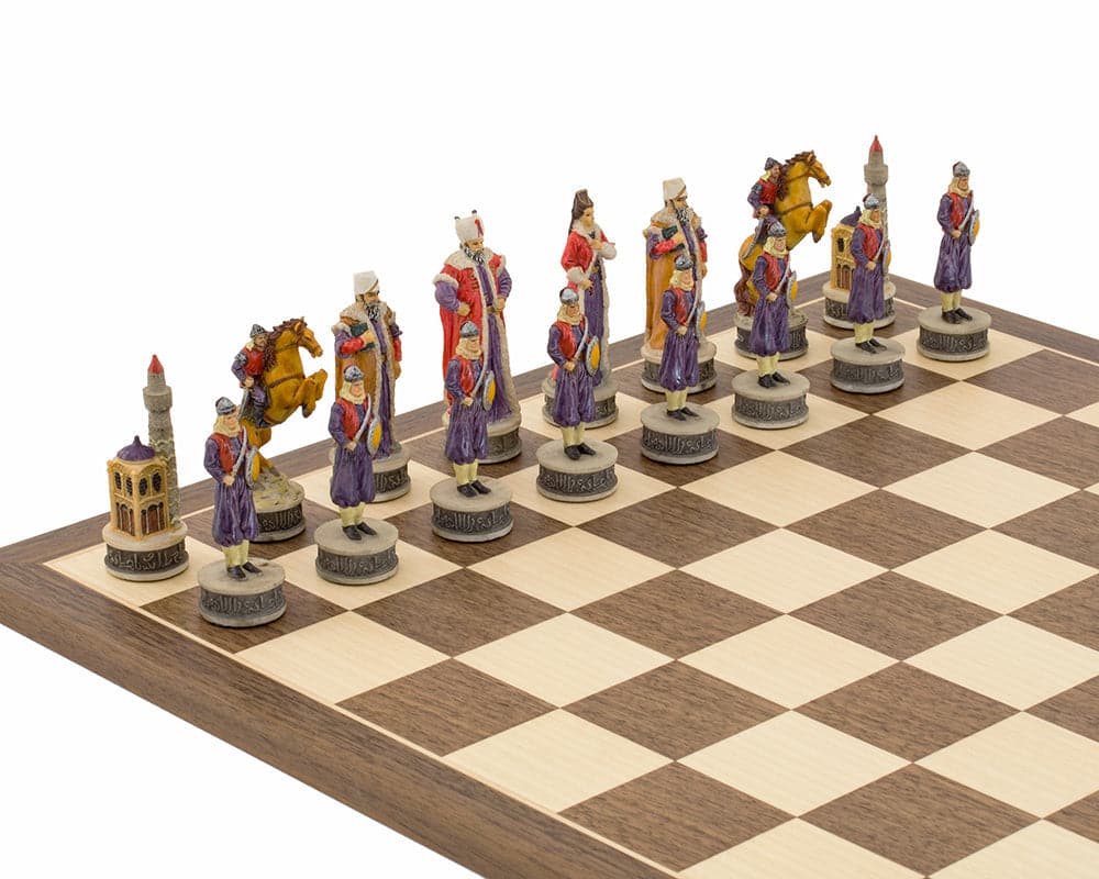 Hand-painted Hungarian and Turkish chess pieces on walnut and maple chessboard