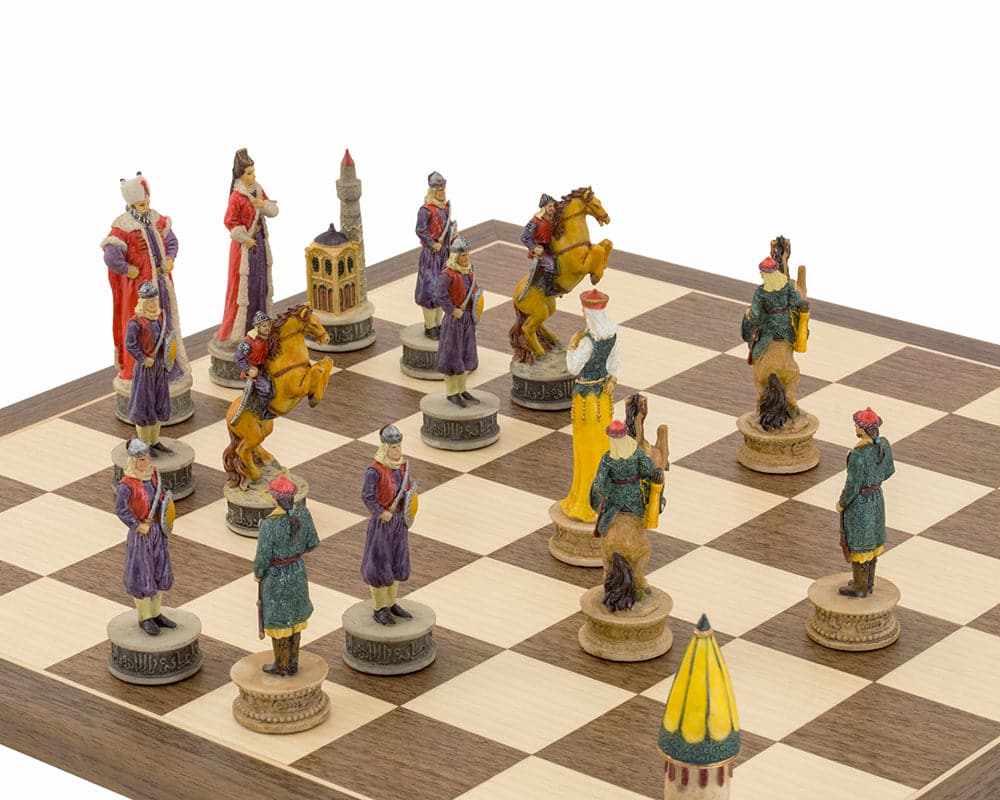 Hand-painted chess set depicting Hungarians and Turks on a walnut and maple board, showcasing historical costumes and accessories.