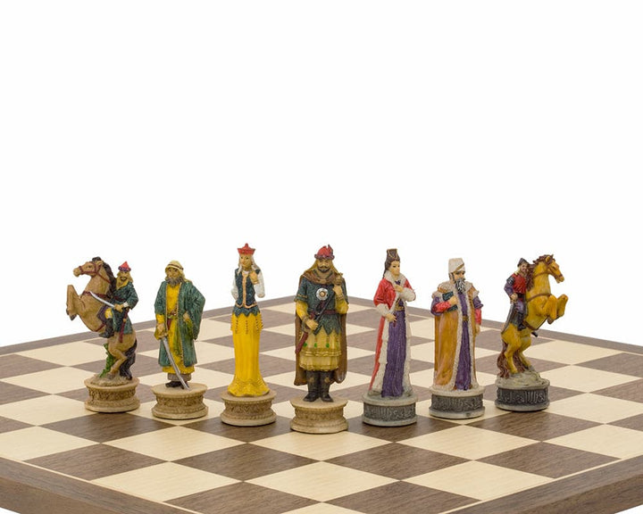 Hand-painted Hungarian and Turkish chess pieces on a walnut and maple chessboard.