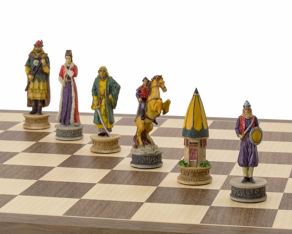 Hand-painted chess pieces depicting the Hungarian and Turkish conflict on a walnut and maple chessboard