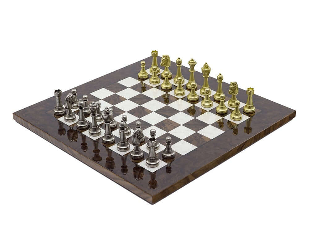 The Finnesburg and Dark Walnut Luxury Chess Set on 17-inch Briarwood board with brass and nickel-plated chessmen, Italian craftsmanship