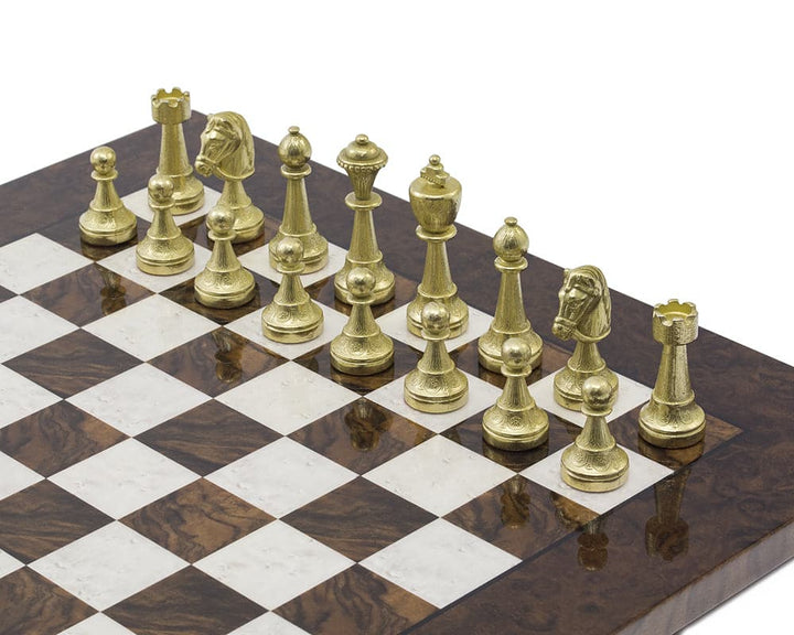 The Finnesburg and Dark Walnut Luxury Chess Set on a 17 inch Briarwood board with solid brass and nickel-plated chess pieces