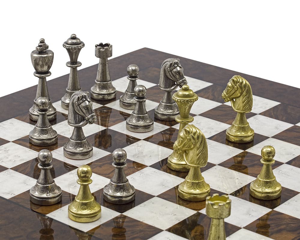 The Finnesburg and Dark Walnut Luxury Chess Set on a 17-inch Briarwood board with brass and nickel-plated chessmen featuring superb detail.