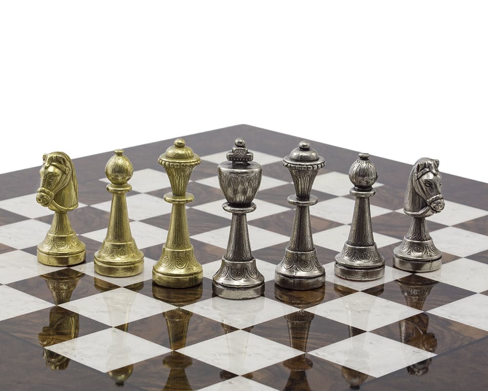 Luxury Finnesburg and Dark Walnut Chess Set with Brass and Nickel-Plated Chess Pieces on 17-inch Briarwood Board