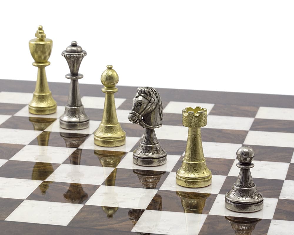 Finnesburg and Dark Walnut luxury chess set with brass and nickel-plated chessmen on a 17-inch Briarwood board.