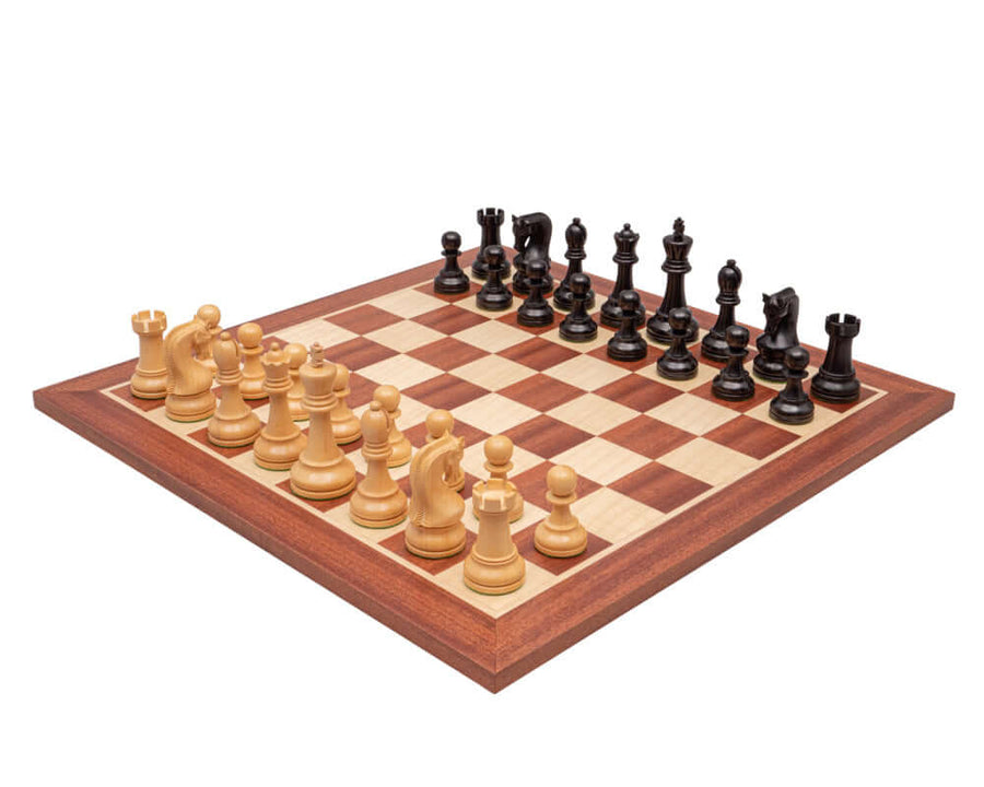 The Leningrad Mahogany Chess Set with ebonised boxwood pieces on a 19 inch beautifully crafted Spanish board, featuring a 4-inch king.