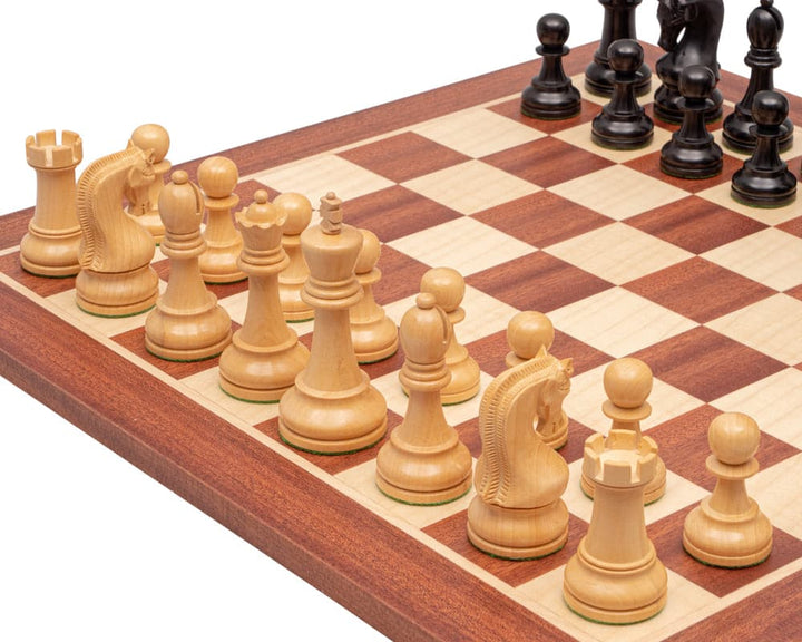 Leningrad Mahogany Chess Set with large, weighted pieces on a 19-inch Spanish board with 1.9-inch playing squares.